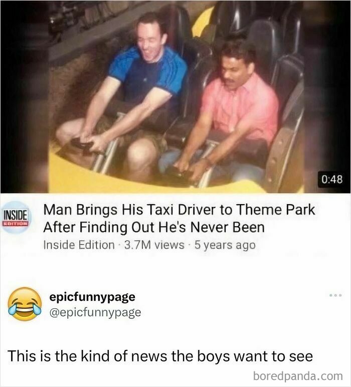 Theme park meme with a man and a taxi driver on a roller coaster, shared by an IG page to distract viewers.