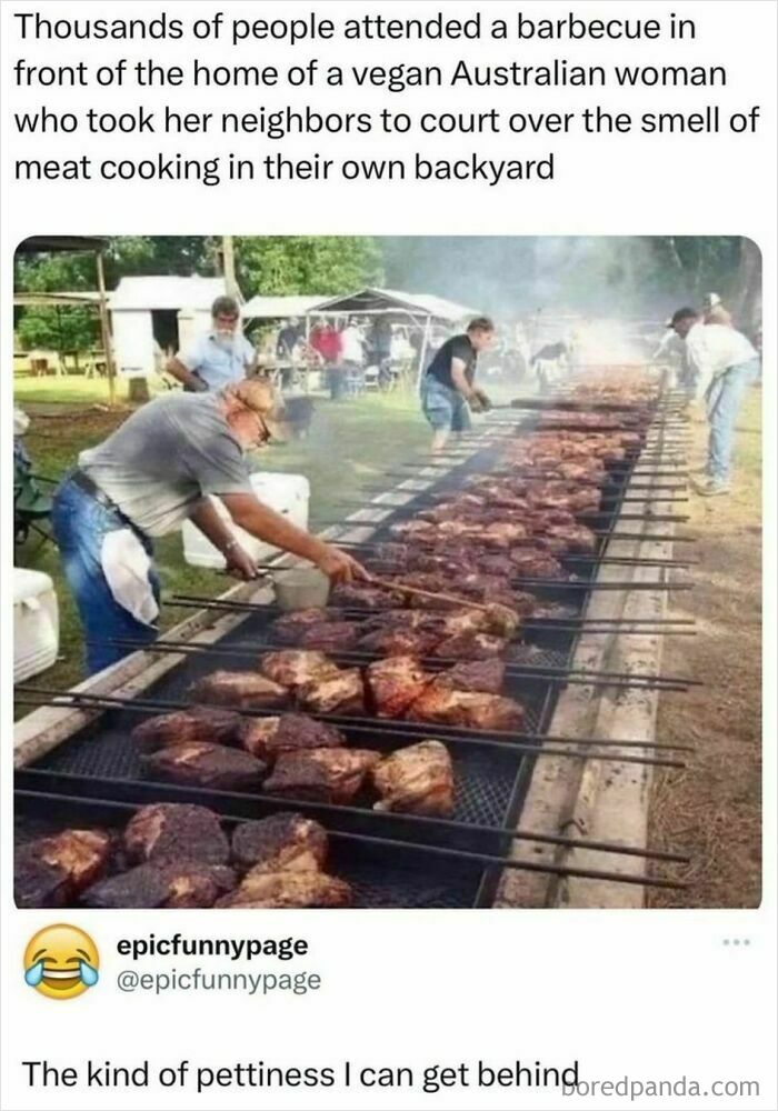 Barbecue setup with a long grill, attracting crowds, highlighting humorous petty disputes shared by an IG page.