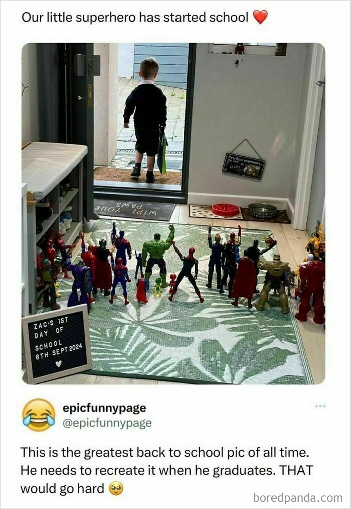 Child starting school with superhero toys lined up, shared by popular IG meme page.