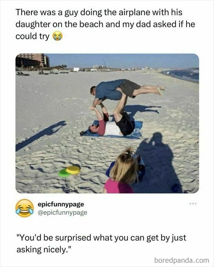 Beach scene with a man doing the airplane with another adult, creating humor; a meme from epic funnypage.