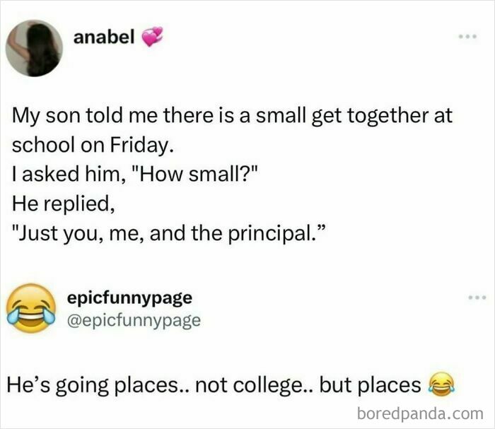 Funny meme about a school meeting, shared by an IG page, highlighting a humorous conversation with a son.
