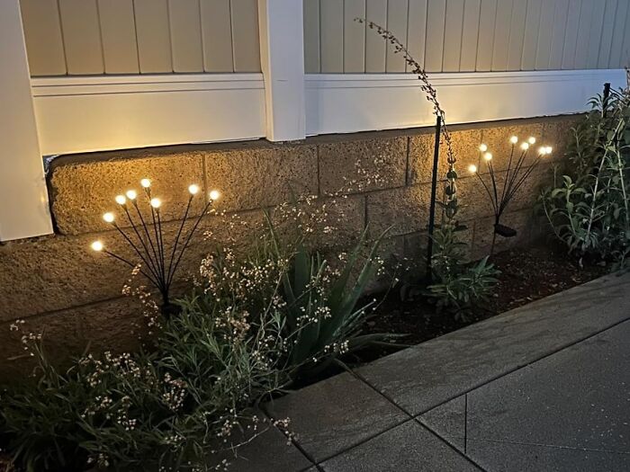 Spring must-haves: glowing garden lights illuminating a stone wall in a backyard setting.