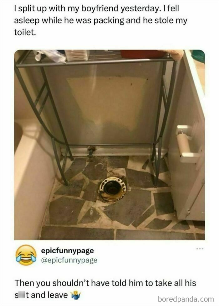 Bathroom meme with missing toilet, showing humor from IG page.