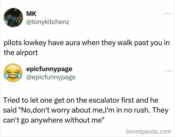Funny meme text about pilots having an aura at the airport, highlighting a humorous escalator encounter.