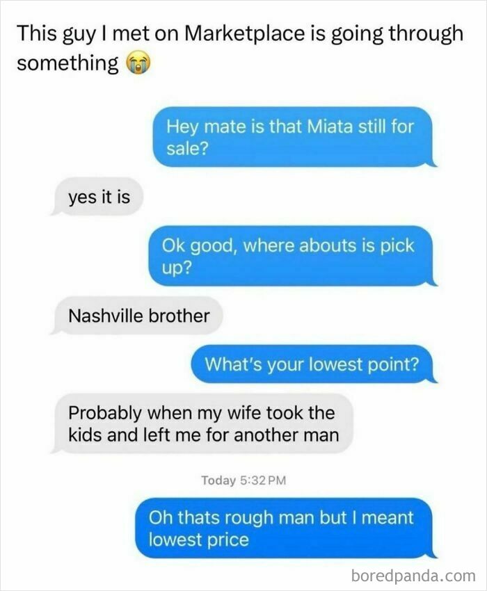 Marketplace meme with chat exchange about a car sale, highlighting a humorous misunderstanding about "lowest point."