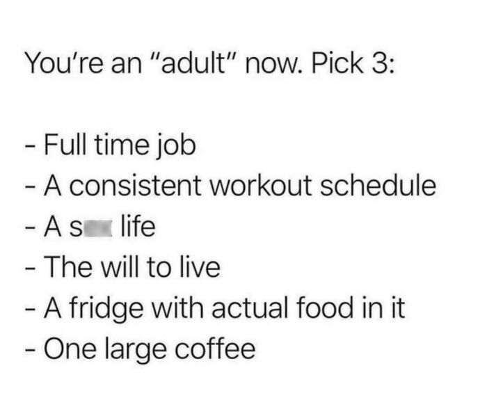 Adulthood meme listing humorous adult struggles.