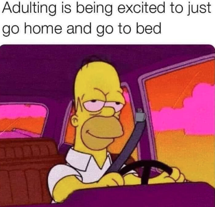 Cartoon character driving with a content expression, text about adulting being wanting to go home and sleep.