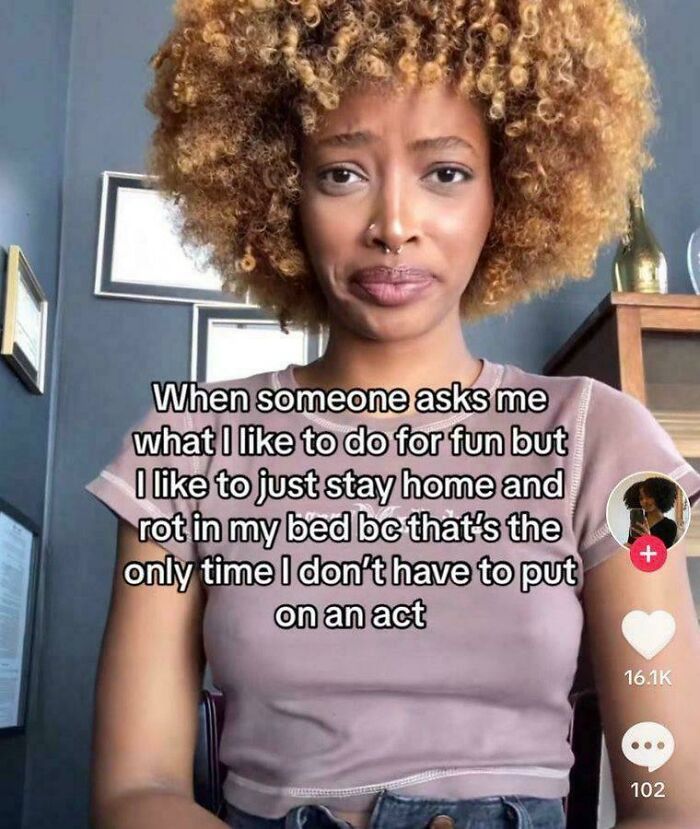 Person expressing adulthood struggles with a meme about preferring to stay home for fun.