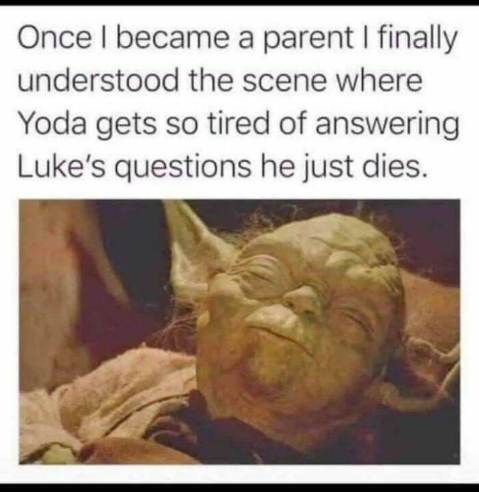 Yoda meme humorously depicting adult struggles with parenting and exhaustion.
