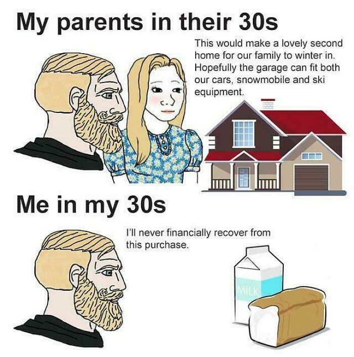 Adulthood meme comparing parents buying a second home and the struggle of affording groceries in your 30s.