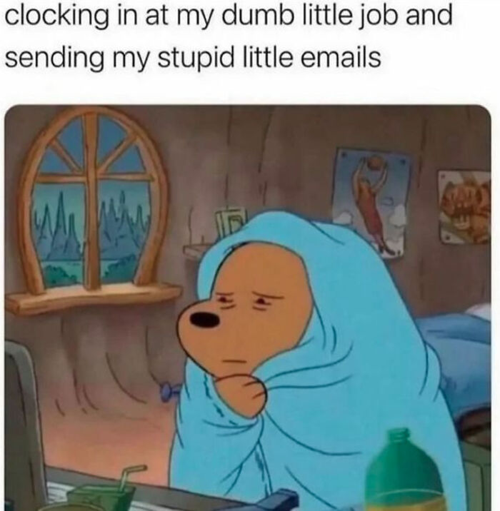 A cartoon bear wrapped in a blue blanket, staring at a computer, humorously depicting adulthood struggles.
