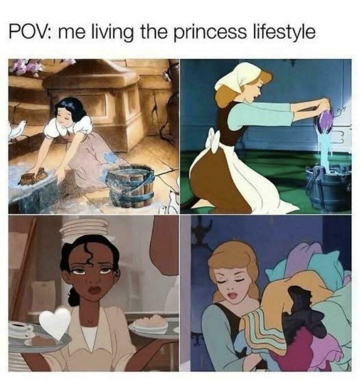 Funny meme about adulthood struggles with princesses doing chores.