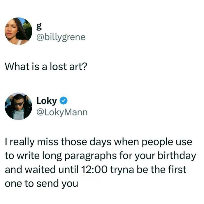 Tweets about the lost art of writing long birthday messages, reflecting struggles through adulthood.
