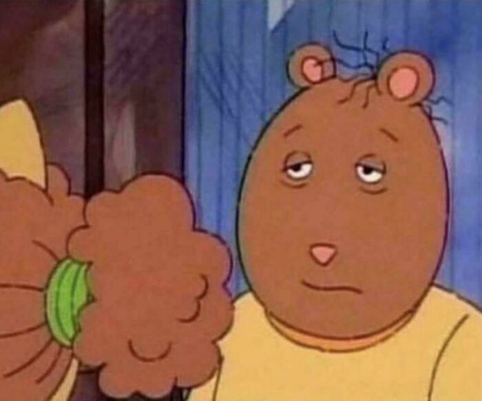 Cartoon bear with a tired expression, representing adulthood struggles.