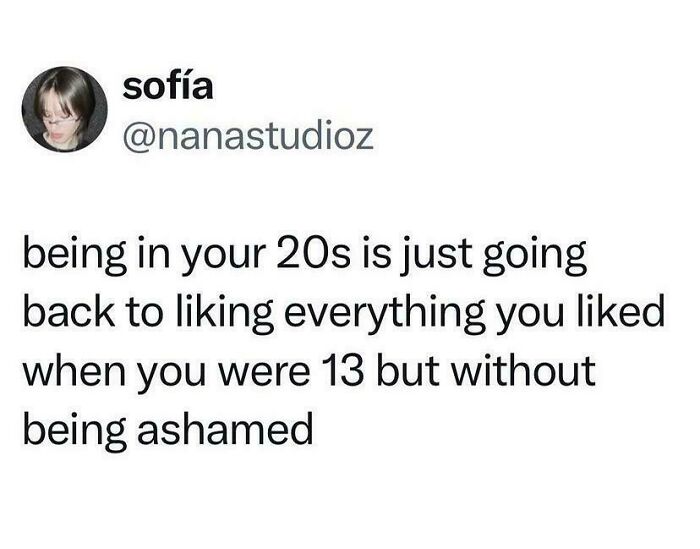 Relatable adulthood meme about rediscovering teenage interests in your 20s without shame.