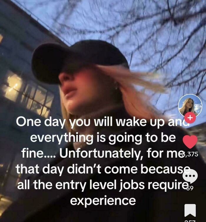 Young adult in a cap with text overlay about entry-level job struggles needing experience.