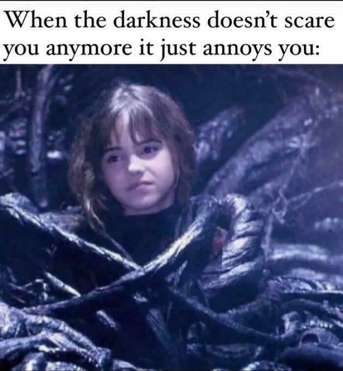 Child wrapped in dark vines, expression of annoyance, meme about struggling through adulthood.