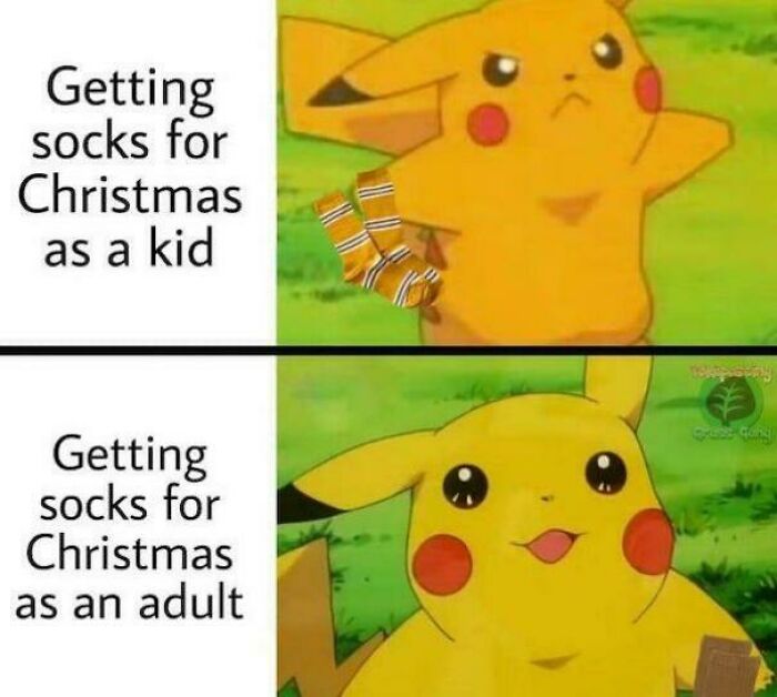 Pikachu meme about getting socks for Christmas, showing contrasting reactions between childhood and adulthood.