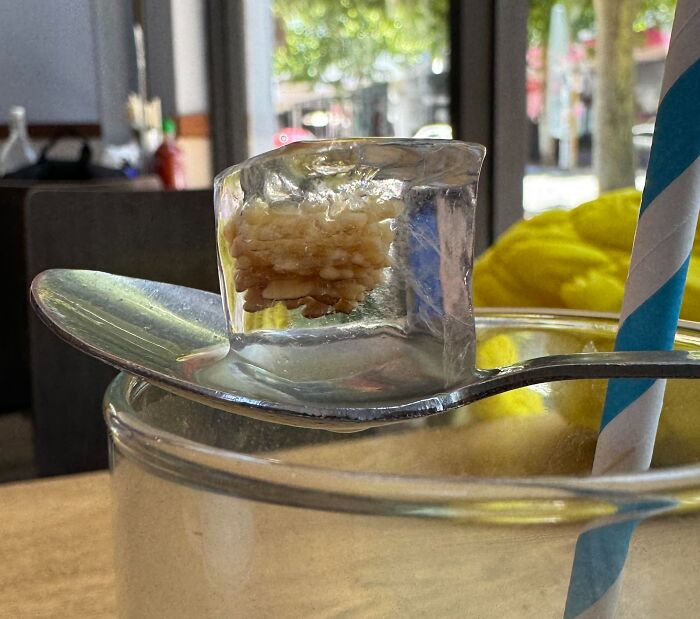 Rice frozen inside an ice cube on a spoon, adding a surprising and disgusting element to the dining experience.