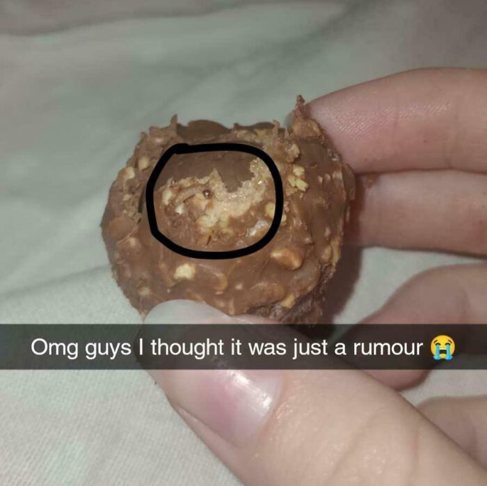 Disgusting surprise inside chocolate with worm visible, highlighting revolting food discovery.
