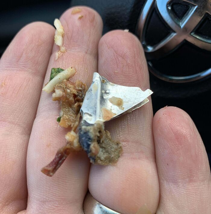 Fingers holding food with a sharp metal piece inside, showing a disgusting find in a meal.