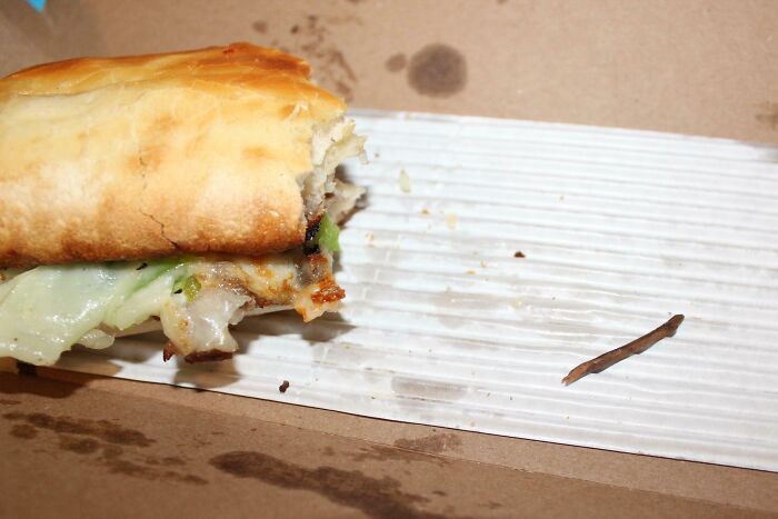 Half-eaten sandwich with a twig-like object on the tray, a surprising discovery while enjoying food.