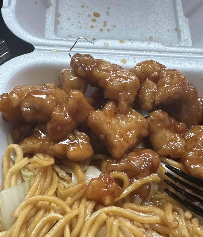 Food served in a styrofoam container with noodles and chicken, featuring an unexpected hair on top.