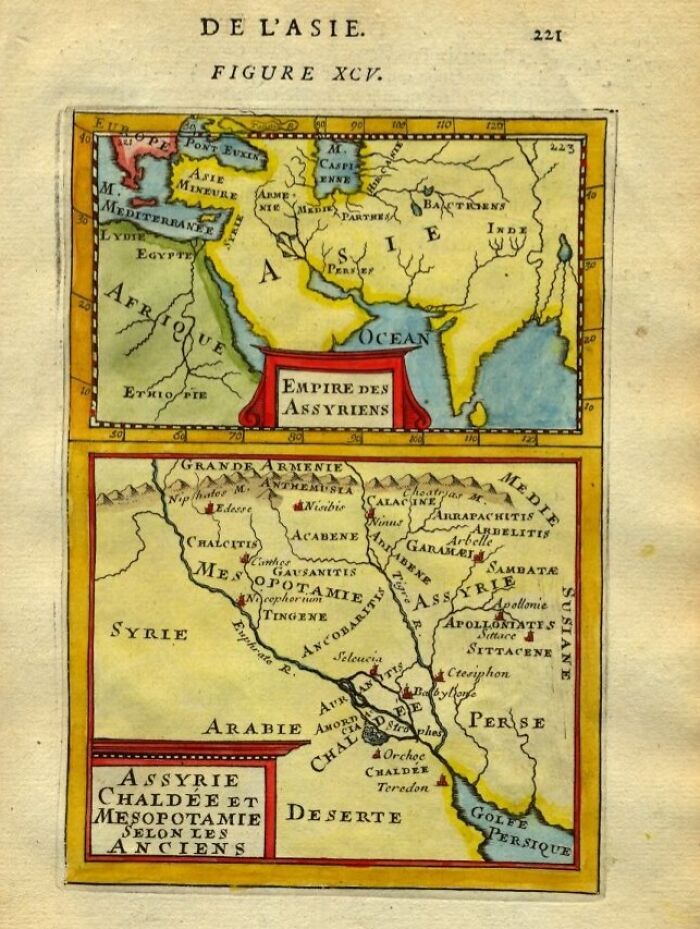 Antique map of Assyrian Empire and Mesopotamia regions, showcasing key areas in historical exploration and navigation.