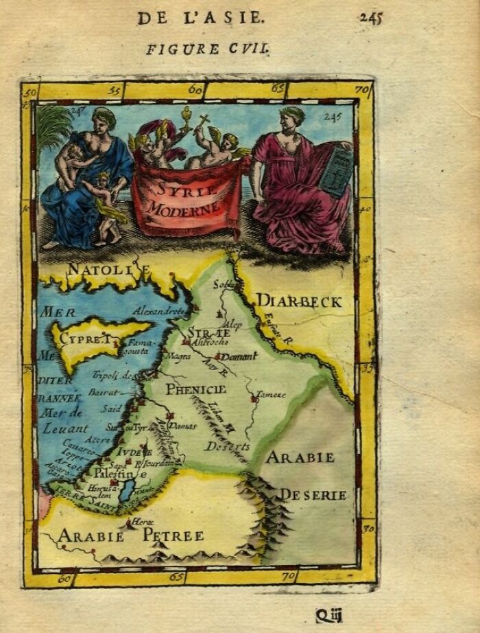 Old map depicting ancient regions of the Middle East, featuring detailed illustrations and geographical labels.