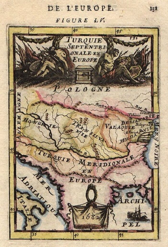 Old exploration map of Europe in 1682, showcasing regions and borders used for navigation.