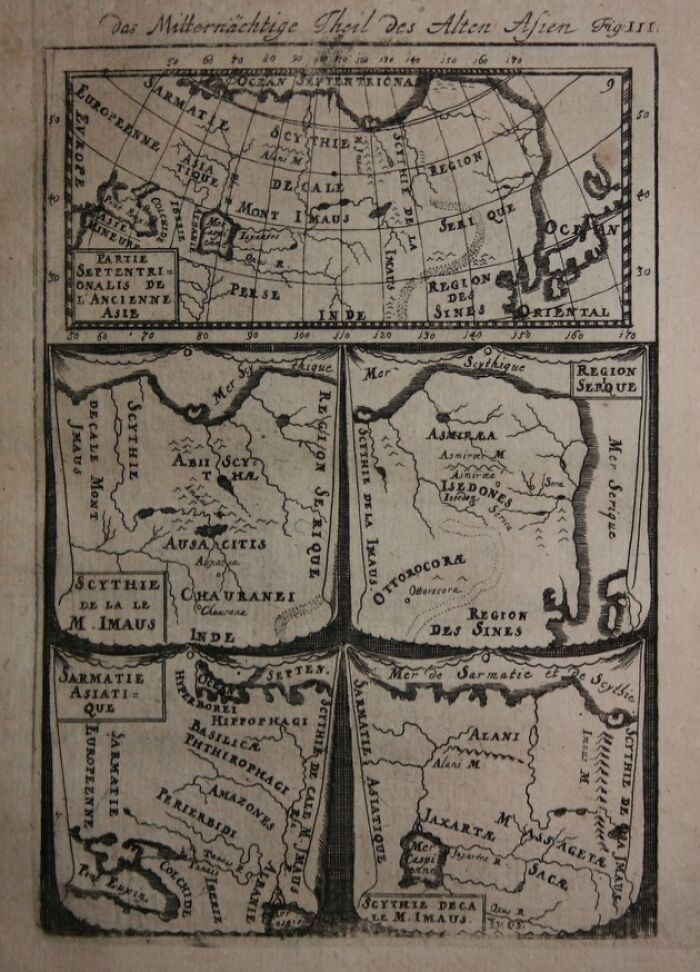 Ancient exploration map depicting regions of Asia, including Scythia, illustrating historical navigation routes.