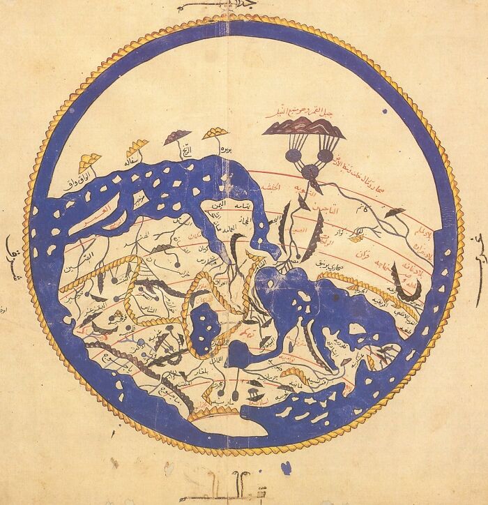 Ancient world map with Arabic script, offering historical insights. Blue and gold circular design.