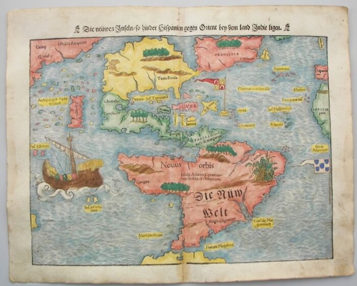 Historic map illustration showing early New World exploration routes and territories.