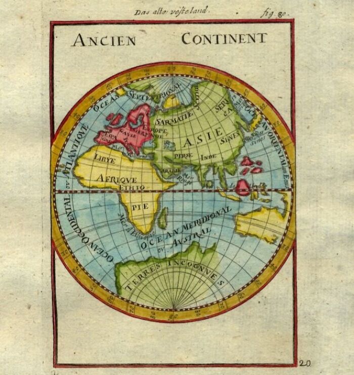 Ancient map of the "Ancien Continent" highlighting historical geography with detailed continental features.