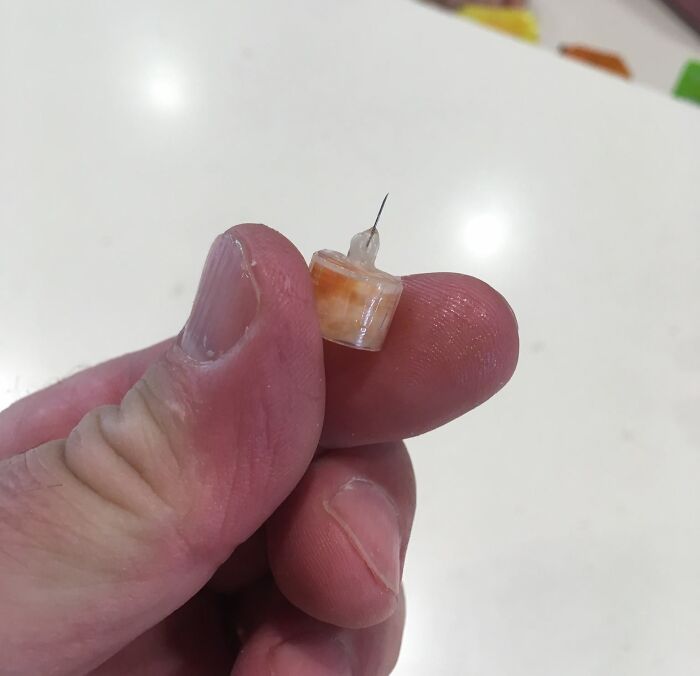 Close-up of a hand holding a small object with a sharp needle, related to a disgusting food discovery.