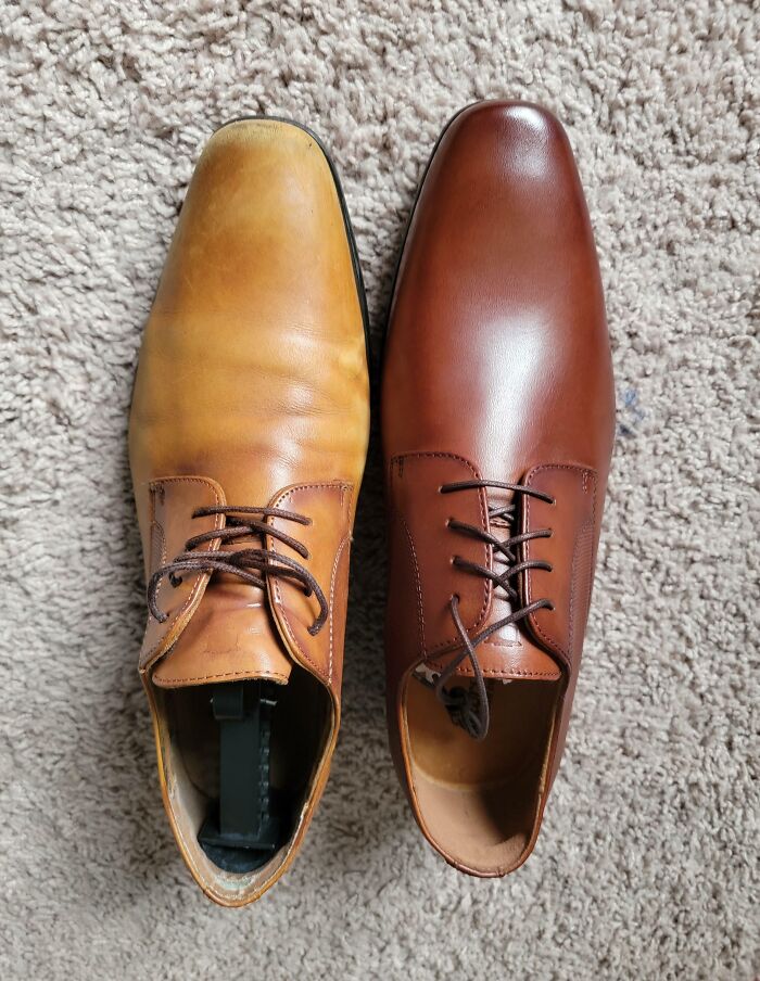 Worn-down brown shoe contrasted with a new brown shoe, illustrating the passage of time on belongings.