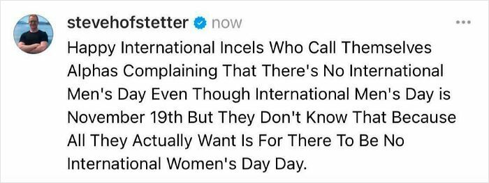 Social media post satirically addressing misconceptions about International Men's Day.
