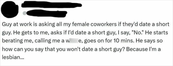 Conversation text about coworker questioning dating preferences, leading to misunderstanding and frustration.