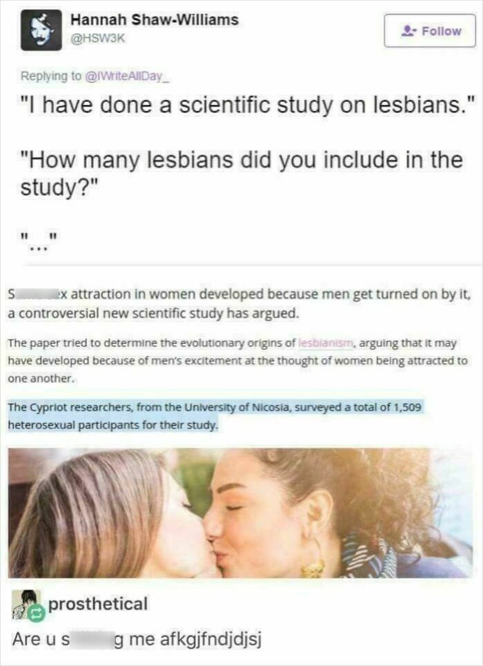 Text post challenges research on same-s*x attraction in women; two women kissing below.