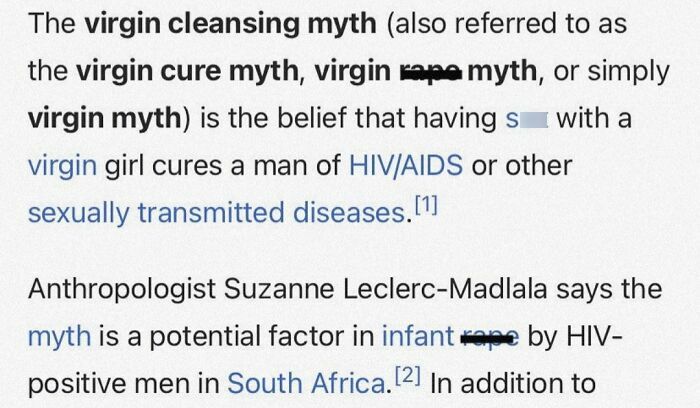 Text on the virgin cleansing myth highlighting harmful beliefs and controversial perspectives.