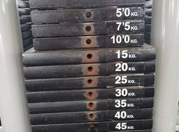 Stacked gym weights showing wear from time and use.