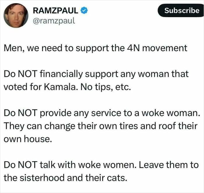 Text mocking 'how girls work' concept, advocating withdrawal of support from women, referencing voting and 'woke' notions.