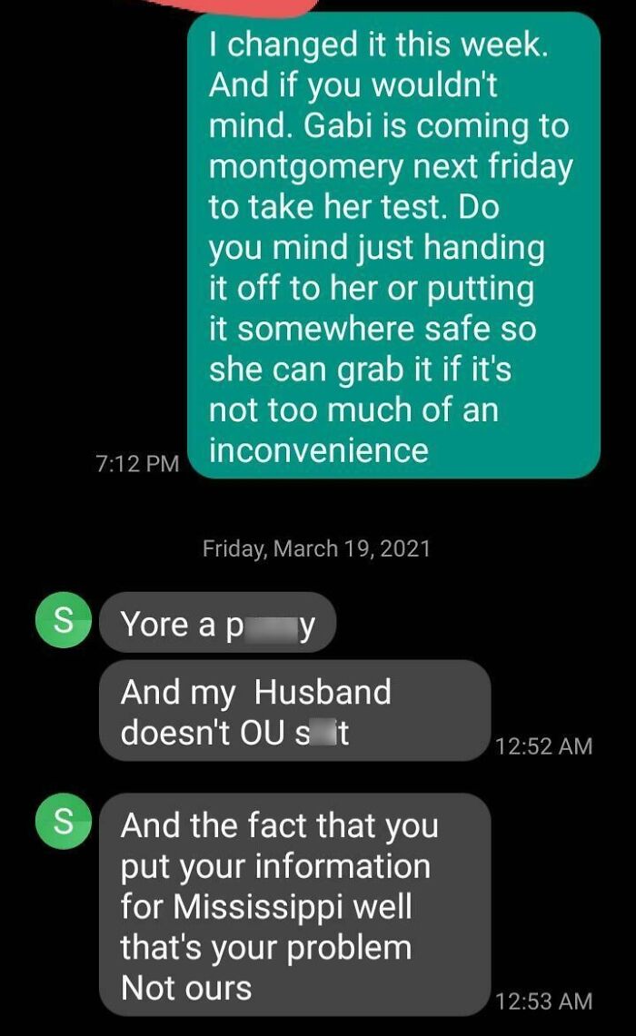 Text conversation showing conflict with in-laws, using strong language and disagreement about a favor.