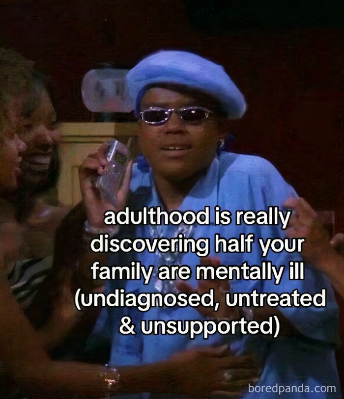 Person in blue outfit with phone and sunglasses, with text about adulthood challenges and family mental health.