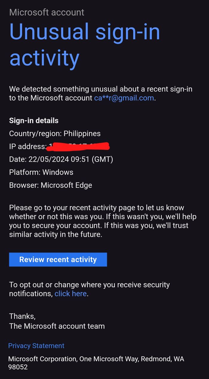 Unusual sign-in notification from Microsoft, detailing account activity in the Philippines on May 22, 2024.