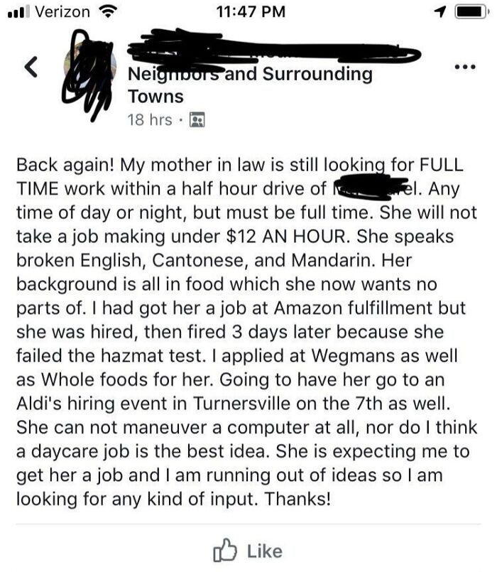 Text post about mother-in-law job search, includes struggles and language skills, seeking input for job ideas.