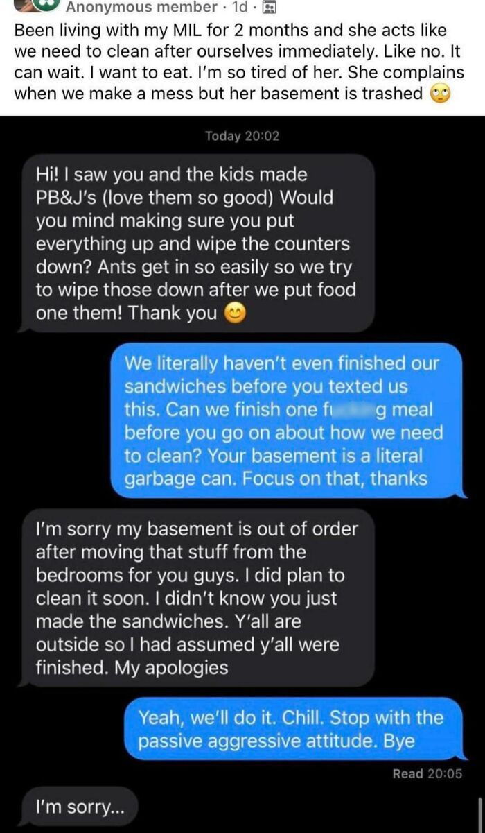 Texts showing messy in-laws conflict over cleaning issues and passive aggressive messages.