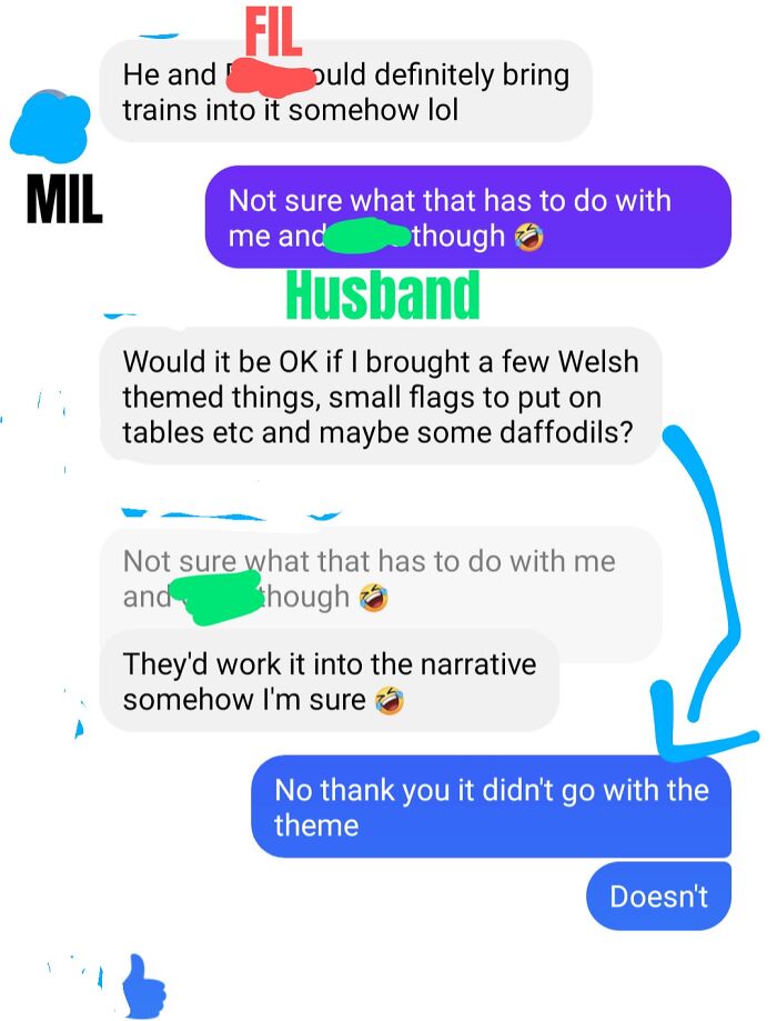 Text conversation about in-laws suggesting a Welsh theme with flags, met with laughter and refusal.