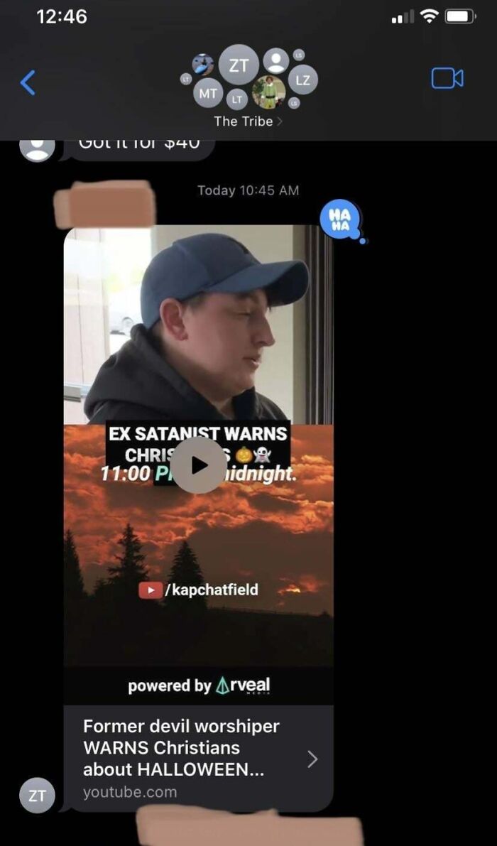 Text conversation with a video link preview about an ex-Satanist warning Christians, related to worst in-laws content.