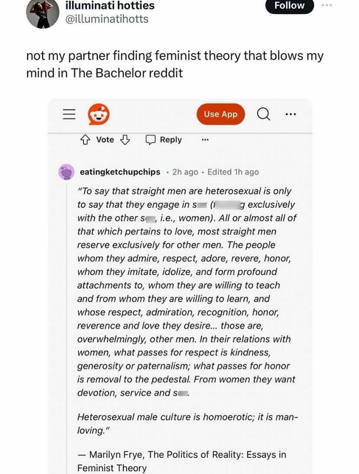"Tweet about discovering feminist theory in The Bachelor Reddit, featuring a feminist quote on heterosexual male culture."
